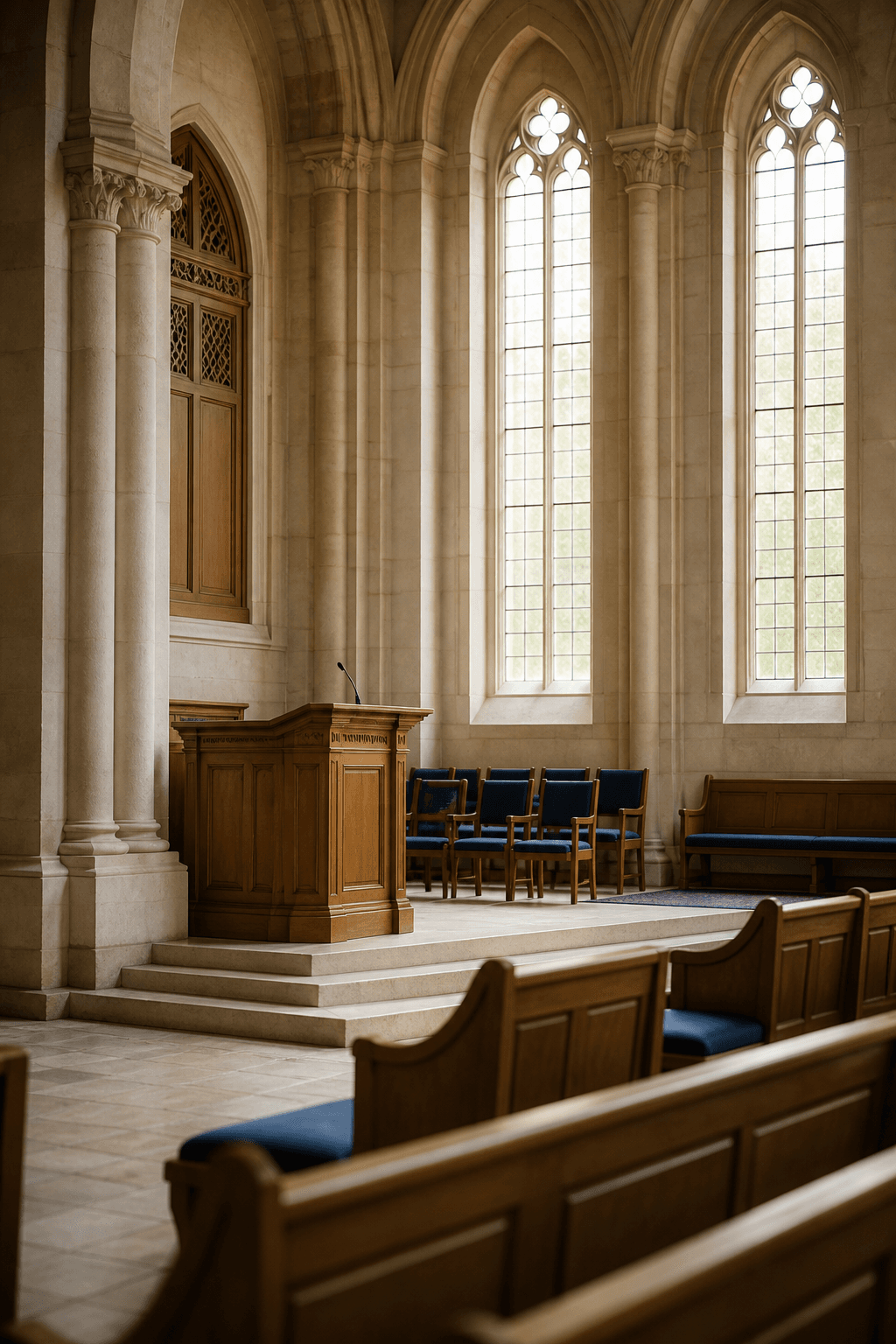 A quiet sanctuary interior with a wooden pulpit and arched windows