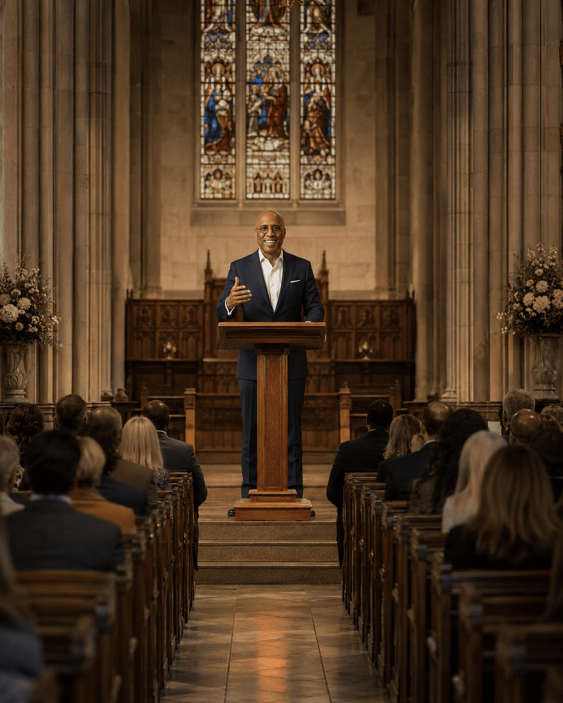 Pastor Donald Mayes speaking from a pulpit